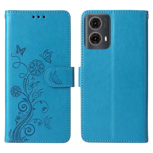 Funda de Cuero Motorola Moto G85/S50 Neo con Diseño de Mariposas y Flores en Relieve (Azul)