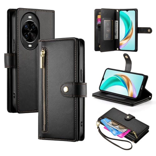Funda de cuero con cremallera y ranuras para tarjetas para Huawei nova 14 Pro (negra)