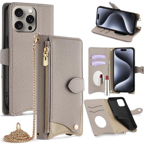 Funda de Piel de Lichi con Diseño de Cola de Pez y Cadena Cruzada para iPhone 16 Pro Max (Gris)