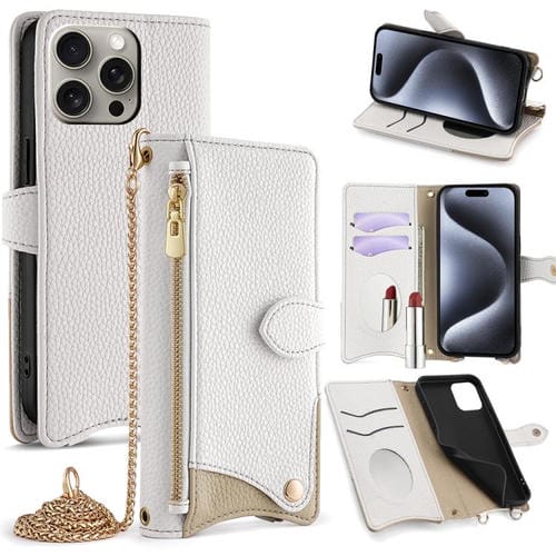 Funda de Piel de Lichi con Diseño de Cola de Pez y Cadena Cruzada para iPhone 16 Pro Max (Blanca)