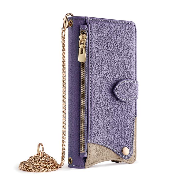 Funda de Piel de Lichi con Diseño de Cola de Pez y Cadena Cruzada para iPhone 14 (Morado)