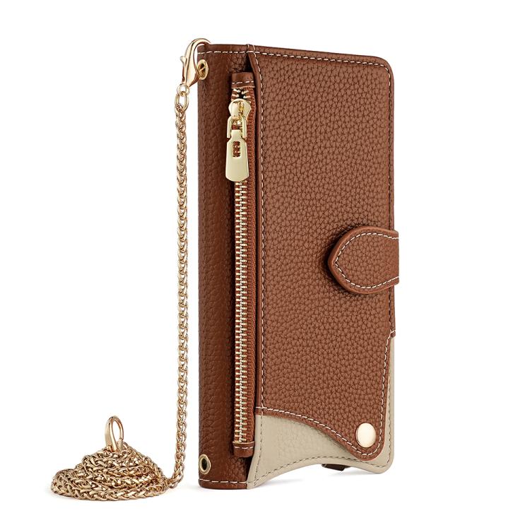 Funda de Piel de Lichi para iPhone 14 Pro Max Diseño de Cola de Pez y Cadena Cruzada (Marrón)
