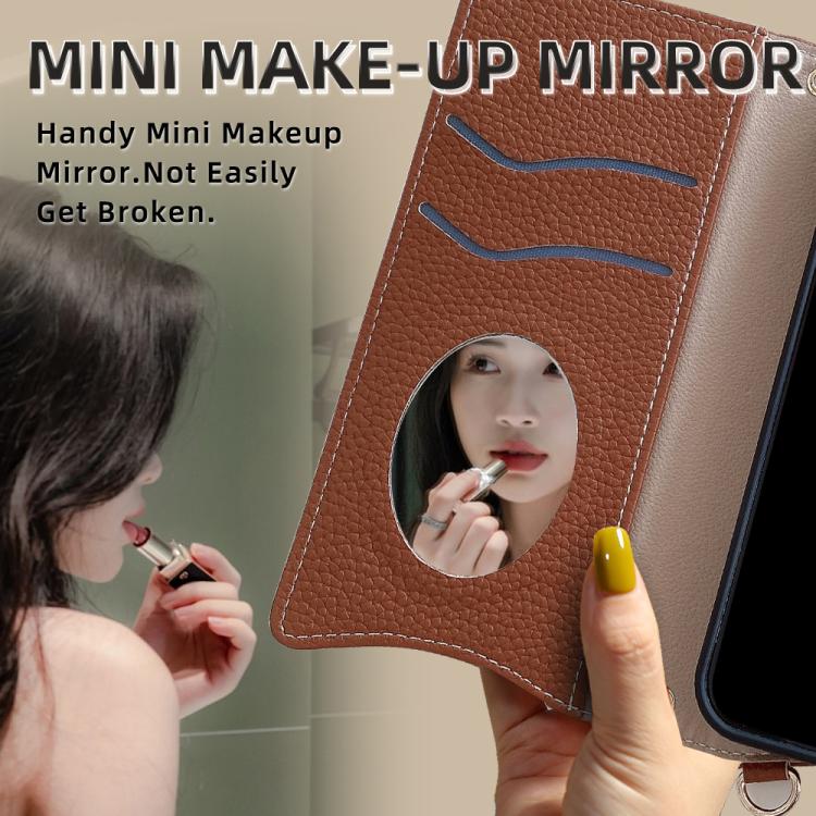 Funda de Piel de Lichi para iPhone 14 Pro Max Diseño de Cola de Pez y Cadena Cruzada (Marrón)