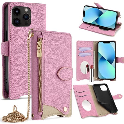 Funda de Piel de Lichi para iPhone 13 Pro Max con Diseño de Cola de Pez y Cadena Cruzada (Rosa)