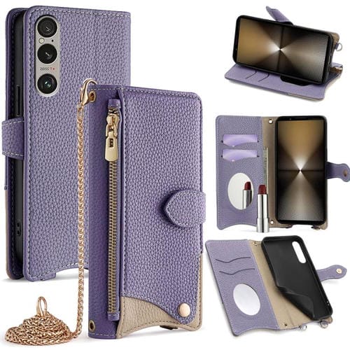 Funda de Cuero Tipo Lichi con Diseño de Cola de Pez y Cadena Cruzada para Sony Xperia 1 Vi (Morado)