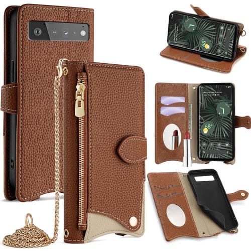 Funda para Teléfono Google Pixel 6 Pro con Cadena Cruzada de Piel de Lichi y Cola de Pez (Marrón)