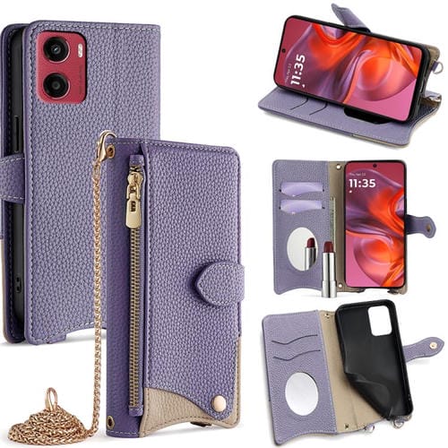 Funda de Cuero de Lichi con Diseño de Cola de Pez y Cadena Cruzada para Motorola Moto G05 (Morado)