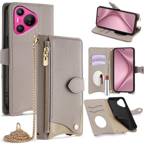 Funda de Cuero Tipo Lichi con Forma de Cola de Pez y Cadena Cruzada para Huawei Pura 70 (Gris)