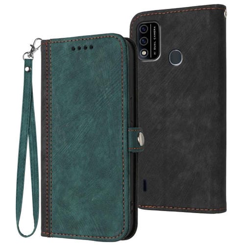 Funda de Cuero para Itel A48 con Correa de Mano y Hebilla Lateral Doble Plegable (Verde Oscuro)