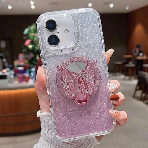Funda para iPhone 16 Plus con Espejo y Mariposa con Purpurina y Soporte Magsafe (Rosa)