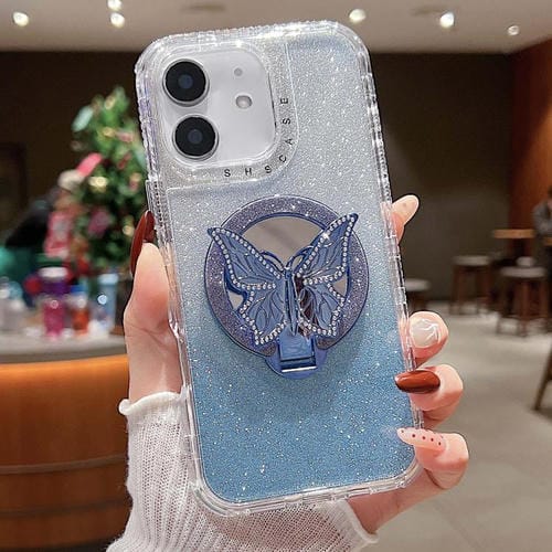 Funda para Teléfono iPhone 12 con Soporte de Mariposa Espejo Purpurina Magsafe (Azul)