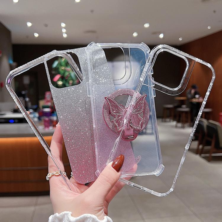 Funda para Teléfono iPhone 15 Plus Soporte Mariposa Espejo Purpurina Magsafe (Negra)