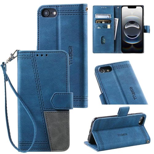 Funda de Cuero Ttudrch para iPhone 16E con Empalme de Líneas en Relieve (Azul)