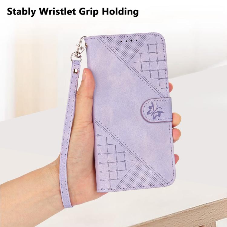 Funda de Cuero Itel A48 con Diseño de Mariposa en Relieve y Cordón (Morado Claro)