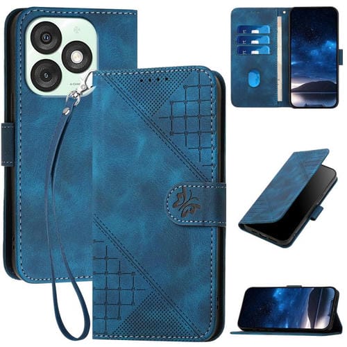 Funda de Cuero Itel A50 con Diseño en Relieve Mariposa y Cuadrícula con Cordón (Azul Oscuro)