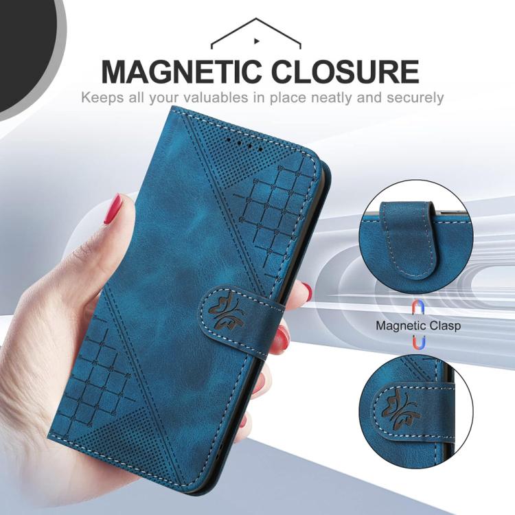 Funda de Cuero Itel A50 con Diseño en Relieve Mariposa y Cuadrícula con Cordón (Azul Oscuro)