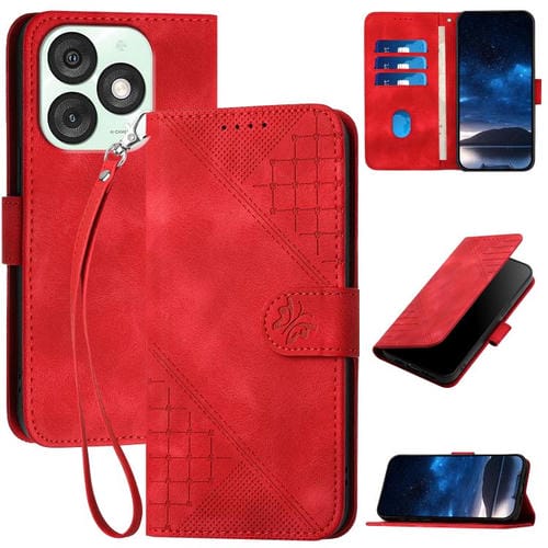 Funda de Cuero Itel A50 con Diseño Mariposa En Relieve y Cuadrícula con Cordón (Rojo)