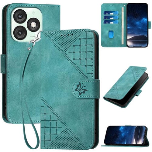 Funda de Cuero para Teléfono Itel A50 con Diseño Mariposa en Relieve y Cordón (Azul Claro)