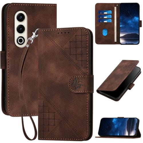 Funda de Cuero Itel S25 con Diseño de Mariposas en Relieve y Cordón (Café)