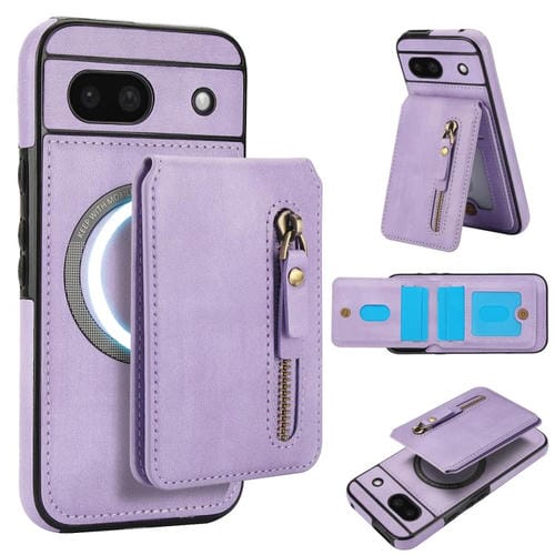 Funda de Cuero con Tapa Trasera Magsafe Dividida y Cremallera para Google Pixel 8A (Morado)