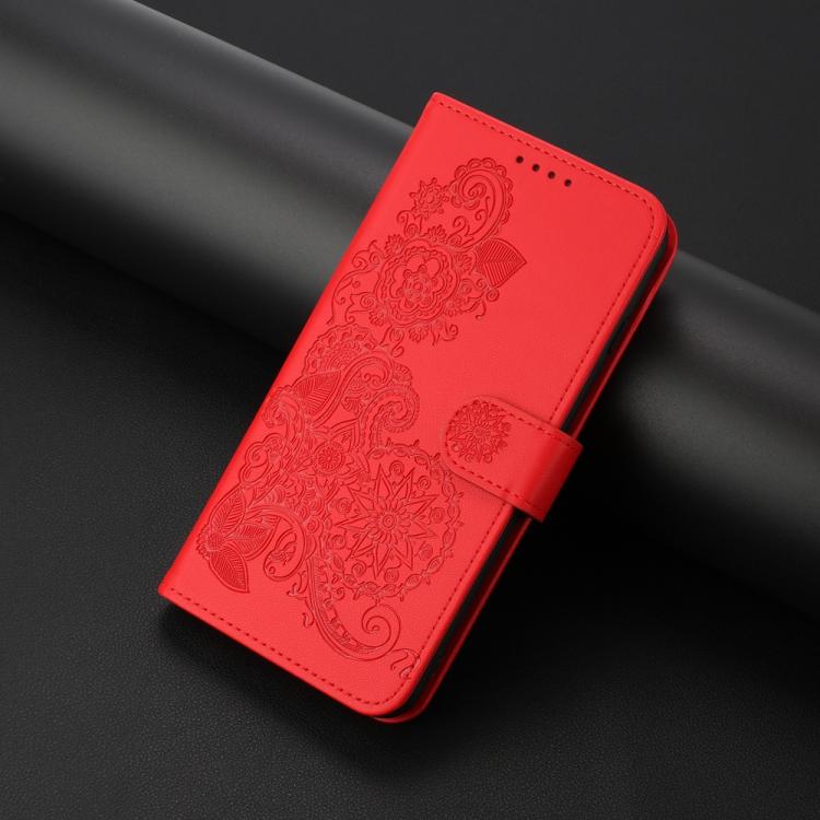 Funda de Cuero con Tapa y Relieve de Flor de Datura para Vivo Y29 4G (Roja)