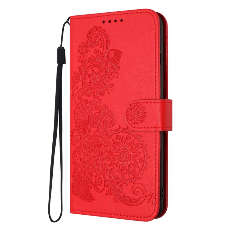Funda de Cuero con Tapa y Relieve de Flor de Datura para Vivo Y29 4G (Roja)