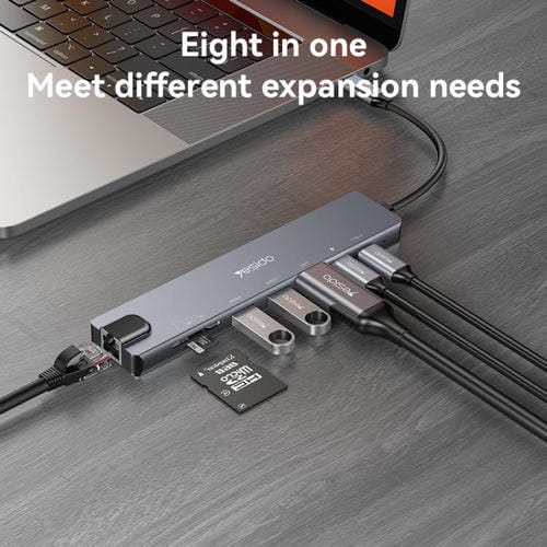 Estación de Acoplamiento Adaptador Hub Multifuncional Tipo C 3.1 8 en 1 Yesido HB27 (Gris Oscuro)