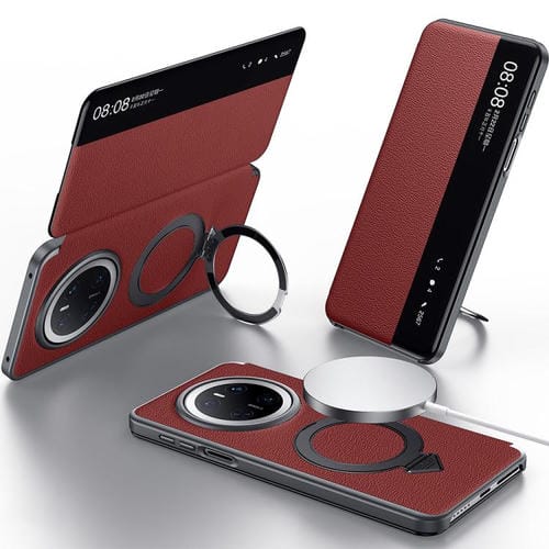 Funda de Cuero Huawei Mate 70 con Soporte Magnético Magsafe y Ventana Smart View (Roja)