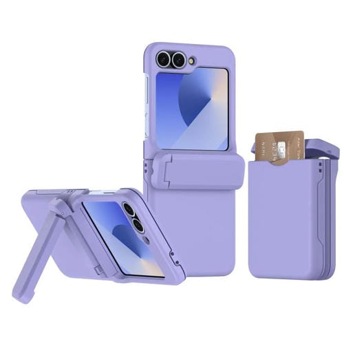 Funda Plegable para Teléfono Samsung Galaxy Z Flip5 5G con Ranura para Tarjeta y Cadena de Goma con Resorte para PC y Soporte (Morado)