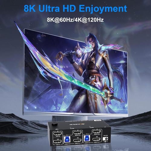 Conmutador KVM KC-KVM8202 de Dos Monitores USB 3.0/HDMI 8K 60 Hz con Dos Puertos y Enchufe Estadounidense