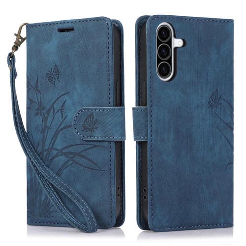 Funda de Cuero Samsung Galaxy A36 5G con Relieve de Mariposa y Orquídea (Azul)