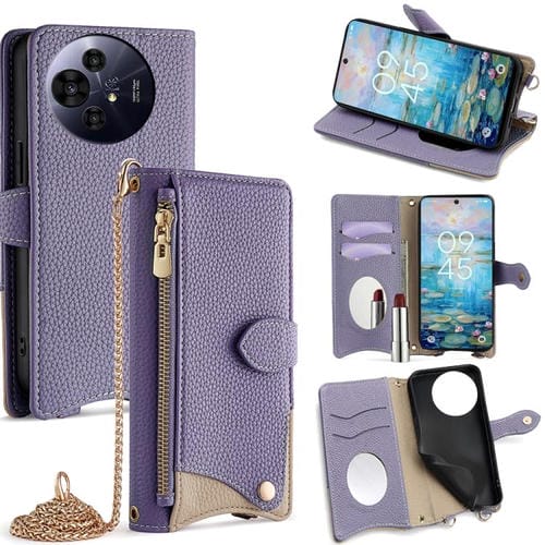 Funda de Cuero Lichi para TCL 50 Nxtpaper / 50 Pro Nxtpaper con Diseño Cola de Pez y Cadena Cruzada (Morado)