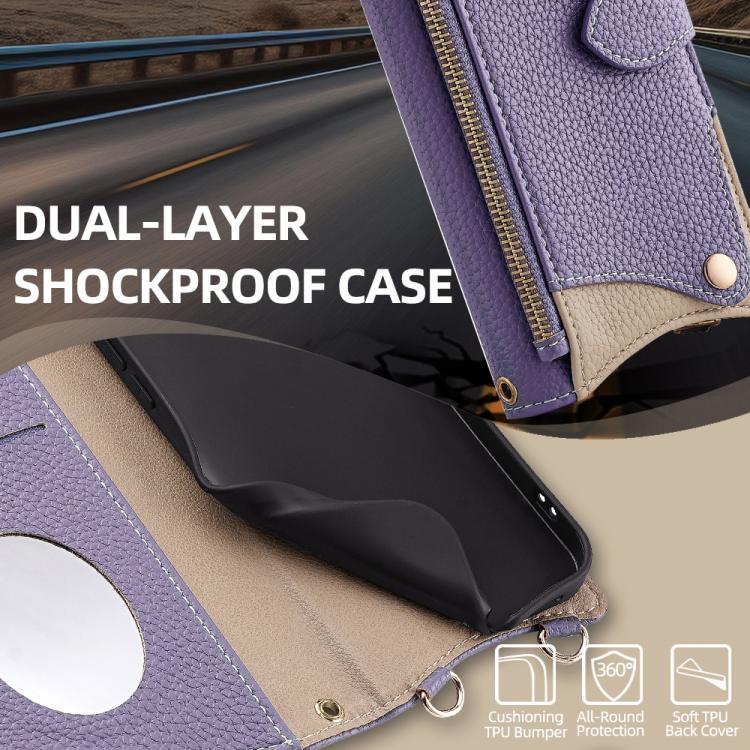 Funda de Cuero Lichi para TCL 50 Nxtpaper / 50 Pro Nxtpaper con Diseño Cola de Pez y Cadena Cruzada (Morado)