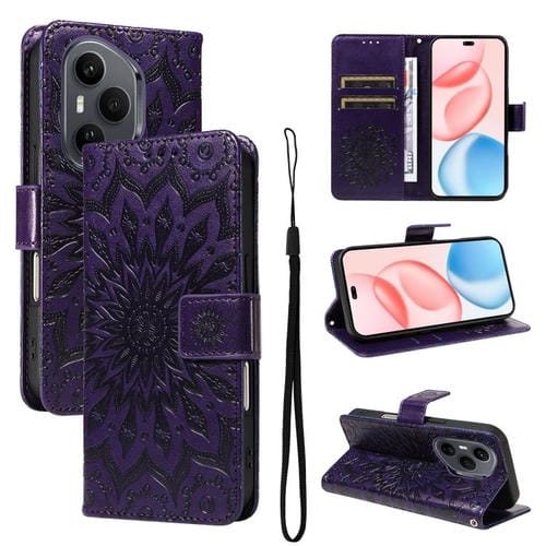 Funda de cuero con tapa y estampado de girasoles en relieve para Honor 400 Pro Global (160,8 mm) (morado)