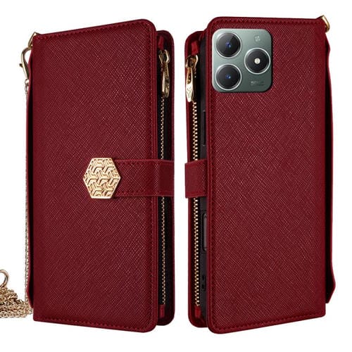 Funda de Cuero con Textura Cruzada y Asa Cruzada para Realme C61 4G (Roja)