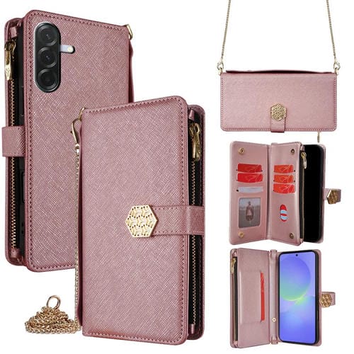 Funda de cuero con textura cruzada y asa cruzada para Samsung Galaxy A36 5G (oro rosa)