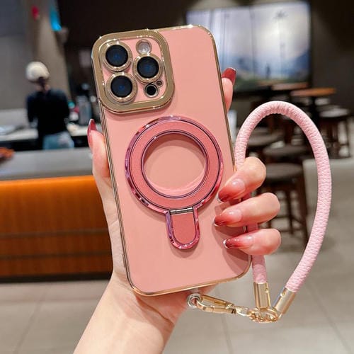 Funda para iPhone 12 Pro con Soporte de Metal Galvanizado y Cordón (Rosa)