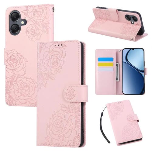 Funda de cuero con relieve de rosa para Samsung Galaxy A07 4G/5G, con 3 ranuras para tarjetas (rosa)