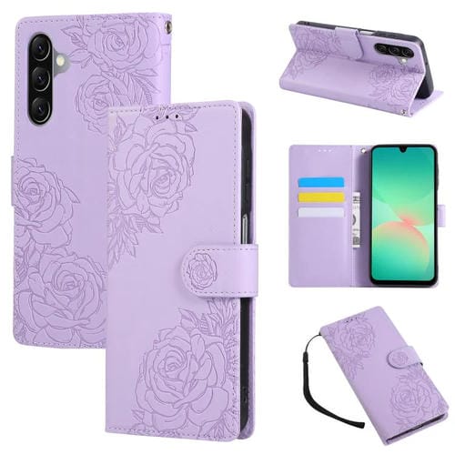 Funda de cuero con relieve de rosa para Samsung Galaxy A17 5G, con 3 ranuras para tarjetas (morado)