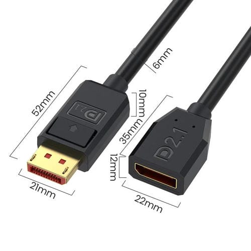 Cable Adaptador de Extensión Displayport DP2.1 Macho a Hembra Codo Izquierdo 52 Gbps 16K 30 Hz 50 cm (Negro)
