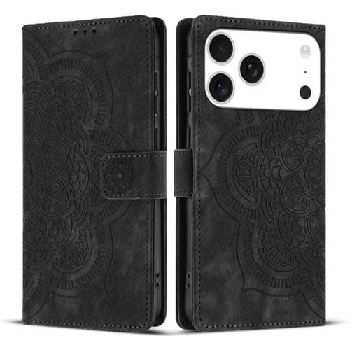 Funda de cuero retro esmerilado con diseño de mandala en relieve para iPhone 17 Pro Max (negra)