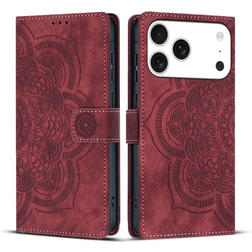 Funda de cuero retro esmerilado con relieve de mandala para iPhone 17 Pro (roja)
