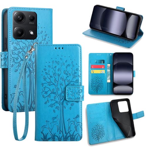 Funda de cuero con relieve de árbol y ciervo para Redmi Note 14S 4G (azul)