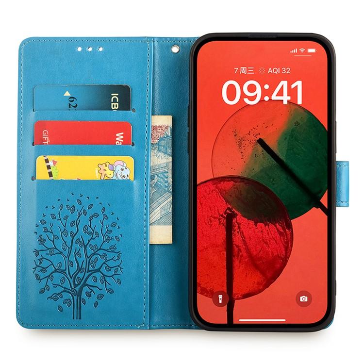 Funda de cuero con relieve de árbol y ciervo para Redmi Note 14S 4G (azul)
