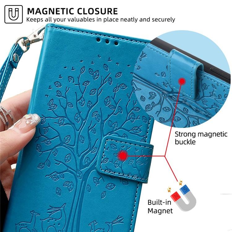 Funda de cuero con relieve de árbol y ciervo para Redmi Note 14S 4G (azul)