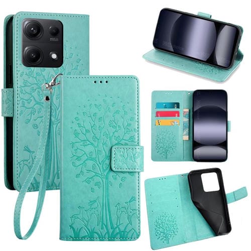 Funda de piel con relieve de árbol y ciervo para Redmi Note 14S 4G (verde)
