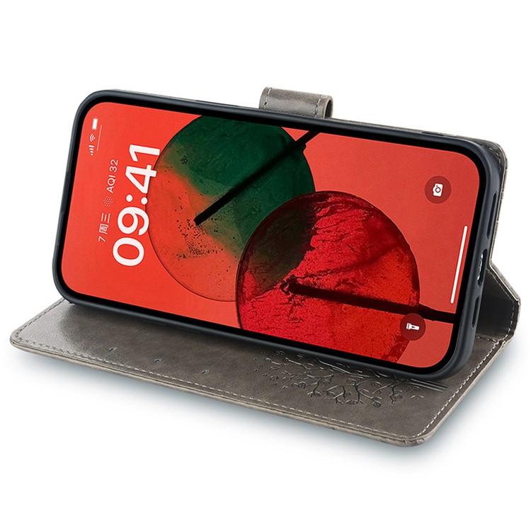 Funda de piel con relieve de árbol y ciervo para Redmi Note 14S 4G (gris)