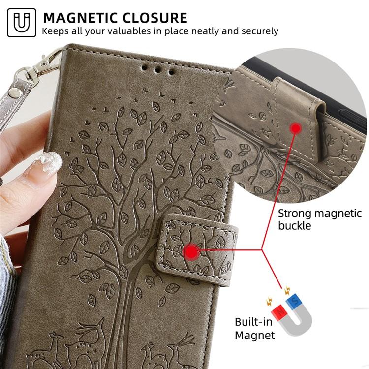 Funda de piel con relieve de árbol y ciervo para Redmi Note 14S 4G (gris)