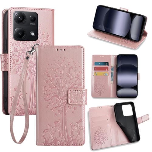 Funda de cuero con relieve de árbol y ciervo para Redmi Note 14S 4G (oro rosa)