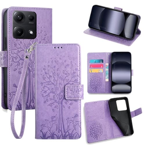 Funda de piel con relieve de árbol y ciervo para Redmi Note 14S 4G (morada)